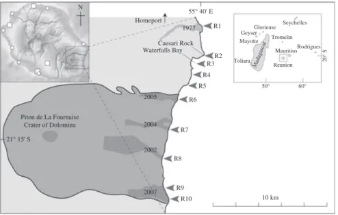 Fig. 1. Location of the 10 sampling transects (R1–R10) along the slopes of the Piton de la Fournaise, Reunion Island, south-western Indian Ocean