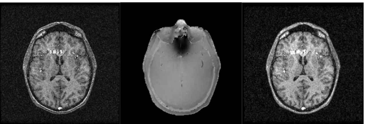 Figure 1 : from left to right : a/ initial image, b/ displacements, c/ corrected image