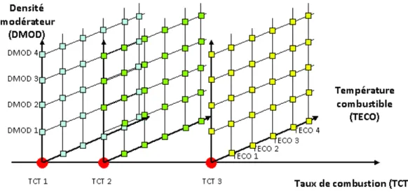 Fig. 3.2: Illustration du paramétrage des bibliothèques de sections efficaces en fonction du taux de combustion (TCT), de la température du combustible (TECO) et de la densité du modérateur (DMOD)