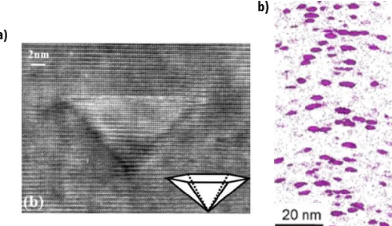 Figure 13 : a) Image TEM d’un domaine d’inversion pyramidal (PID) pour un échantillon de GaN dopé par épitaxie avec une  concentration en Mg de l’ordre de 4.10 19  at/cm 3  [82] et b) Reconstruction de la distribution atomique de Mg mesurée par sonde 