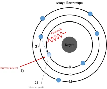 Figure 29. Principe de l’EDX : Le faisceau électronique incident (1) éjecte un électron du cortège (2)