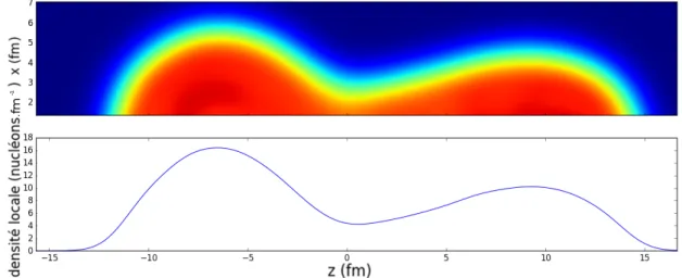 Figure II.7 – Densité locale selon l’axe z (figure du bas) de l’état HFB présenté sur la figure II.1.