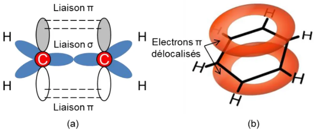 Figure 2. 2 (a) Schéma d'une molécule d'éthène avec sa liaison σ forte et ses doubles  liaisons π (b) Vue schématique du système d'électrons délocalisés d'une molécule de  benzène