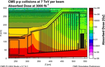 Figure 3.3 – Expected radiation dose over the current calorimetry of the CMS detector in HL-LHC conditions [21]