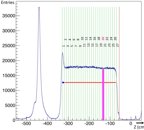 Figure 34: Profile of the distribution of events along the Z-axis and definition of 27 bins of 10cm along the target.