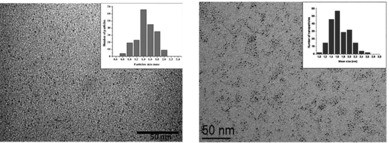 Figure 1.34 TEM image of Ru-SnNp@PVP (left) and Ru-SnNp@dppb (right) 