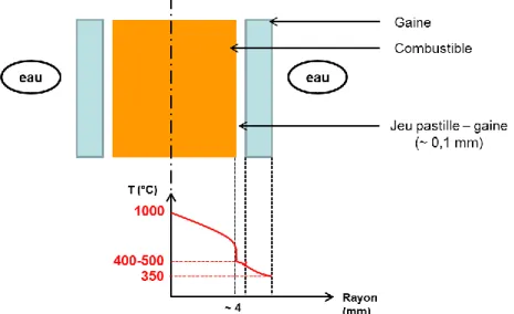 Figure 3 : Vue en coupe d’une pastille dans la gaine et gradient thermique (d’après  [Guérin, 2008]) 