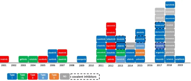 Figure 1. Progression of FDA-approved protein kinase inhibitors (2001-2019) and their type of inhibition