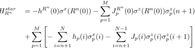 Fig. 1) H R starn = − h R n (0)σ x (R n (0)) − M X p=1 J p R n (0)σ z (R n (0))σ zp (n + 1) + M X p=1 &#34; − N X i=n+1 h p (i)σ xp (i) − N−1X i=n+1 J p (i)σ zp (i)σ p z (i + 1) # (12) where all the spins n + 1 ≤ i ≤ N of the M chains have kept their initi