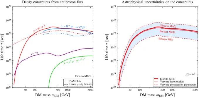 Figure 3: Decaying DM: current constraints. Left Panel: current constraints from the antipro- antipro-ton measurements by Pamela , for different decay channels