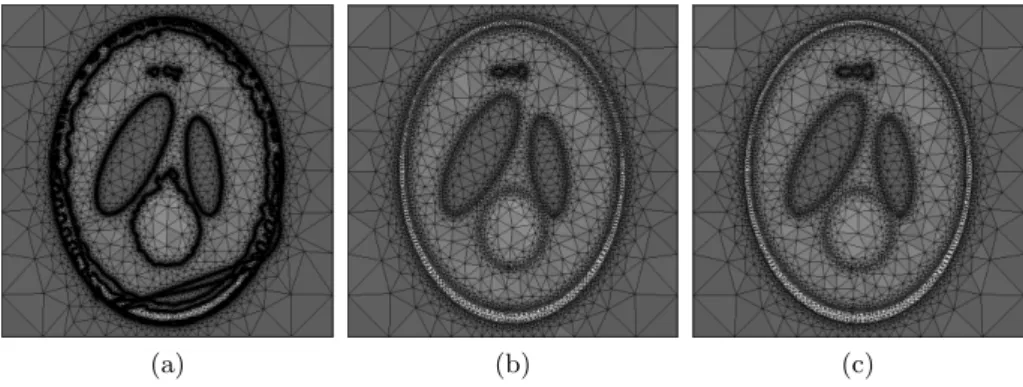 Fig. 6: Influence of the number of iterations of reconstruction on segmentation and mesh generation : results (a) after 5 iterations, (b) 10 iterations and (c) 15 iterations.