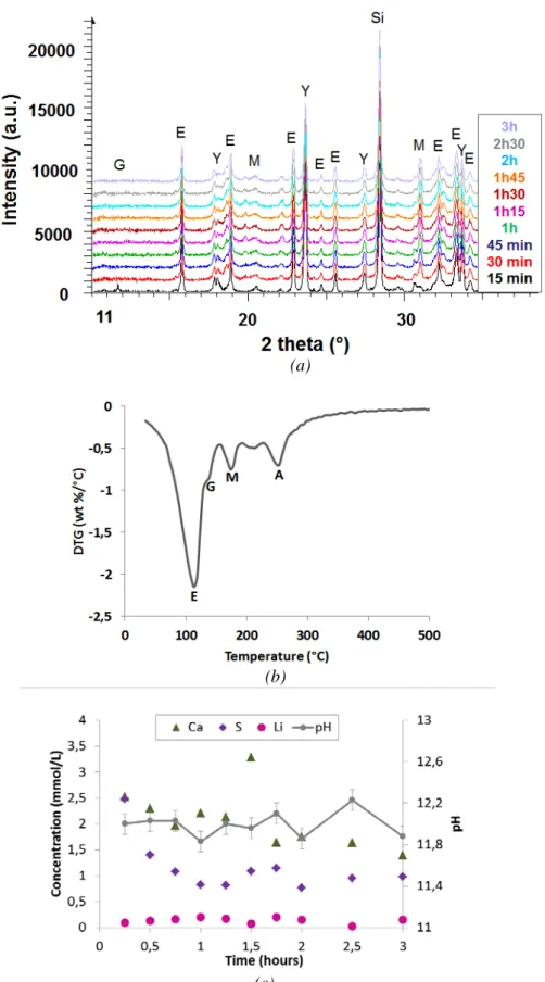 Figure 4 Hydration of CSA cement with 10% gypsum in the presence of a lithium hydroxide solution (Li/C = 0.03  mmol/g of cement, w/c = 0.6, T = 20°C) at early age : (a) X-ray diffraction patterns (E = ettringite, G  = gypsum, M 