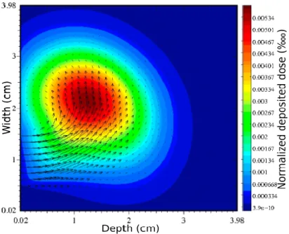 Figure 3.14 : Superposition des vecteurs de flux et du profil de d´ epˆ ot de dose des ´ electrons calcul´ es avec M 1 et appartenant au groupe d’´ energie de 1 MeV lors de leur propagation dans le fantˆ ome d’eau, avec un champ magn´ etique de 1 T.