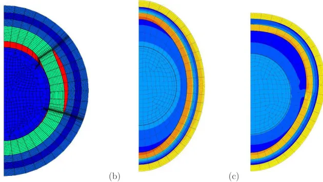 Fig. 2.5 – Mod`eles de particules d´efectueuses dans ATLAS (a) ruptures des couches avec d´ecoh´esion (b) particule ovalis´ee (c) particule en coeur