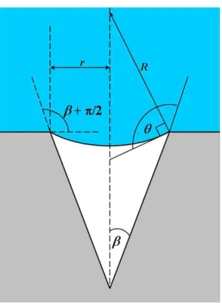 Figure II.5 : Schéma d'une poche de gaz à l'intérieur d'une crevasse conique avec un  ménisque situé à l'embouchure de la crevasse