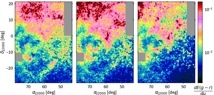 Fig. 4. Maps of the dust reddening per unit distance modulus, dE(g−r) dµ , showing the morphology of dust fronts at distances of 200 pc (left), 320 pc (middle), and 400 pc (right)