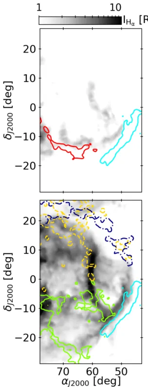Fig. 6. H α line intensity maps for two velocity ranges, [−60, −11]
