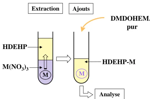 Figure 22 : Schéma de la « méthode des ajouts ». Exemple avec l’ajout de DMDOHEMA pur à une phase  organique de HDEHP-M