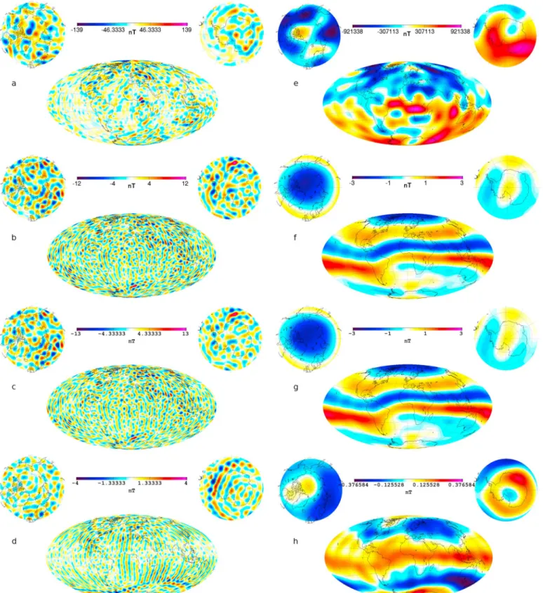 Figure 2. (left) Lithospheric and (right) core ﬁeld model comparisons: B r for n = 15–45 at ground surface from (a) model ASM_V and from (b) ASM_V minus VFM, (c) ASM_V minus VFM_N, and (d) VFM minus VFM_N model diﬀerences; B r for n = 1–13, central epoch 2