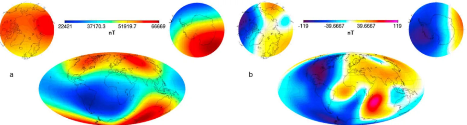 Figure 3. (a) Total ﬁeld intensity at the Earth’s surface, as described by the ASM_V model for central epoch (22/4/2014); (b) Total ﬁeld intensity change at the Earth’s surface between 29 November 2013 (ﬁrst data used) and 6 November 2014 (last data used),