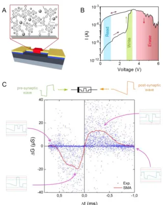 Figure  1:  A)  Planar  structure  of  the  organic  memristor and schematic of the electro-grafted thin  film  of  redox  complexes