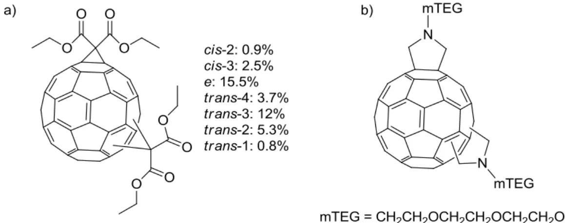 Figure 8 : a) Résultat de la cyclopropanation du C 60  par la réaction de Bingel avec le 2-bromomalonate d’éthyle ; b)  Fulléropyrrolidones isolés par Prato