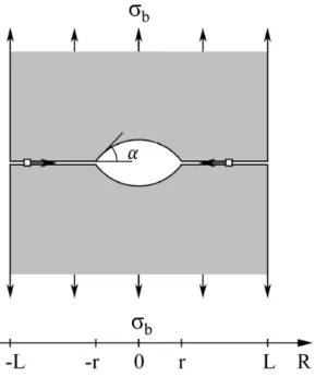 Figure 2.9: Schematic picture showing an isolated lenticular void and a sim- sim-pler spherical void (broken line, α = π 2 ) formed at a grain boundary without precipitate (axisymetry).