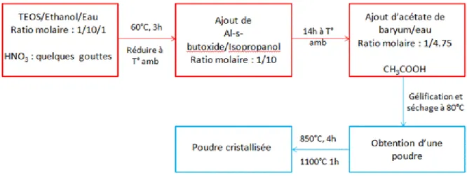 Figure 15 : Protocole de synthèse du BAS par voie sol-gel hybride entre la méthode de Tredway (rouge) et  la méthode de Puig (bleu)