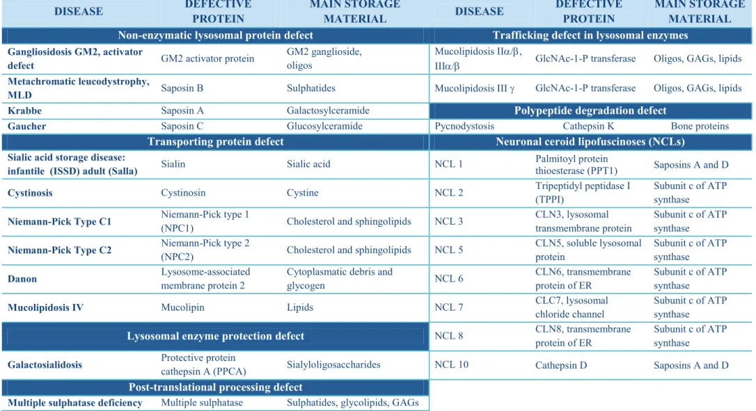 Table 1. List of lysosomal storage disorders with the deficient enzyme and main storage material