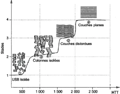 Figure 7 : Principaux stades d'organisation structurale de carbone en fonction de la température de traitement  thermique [Oberlin 1984]