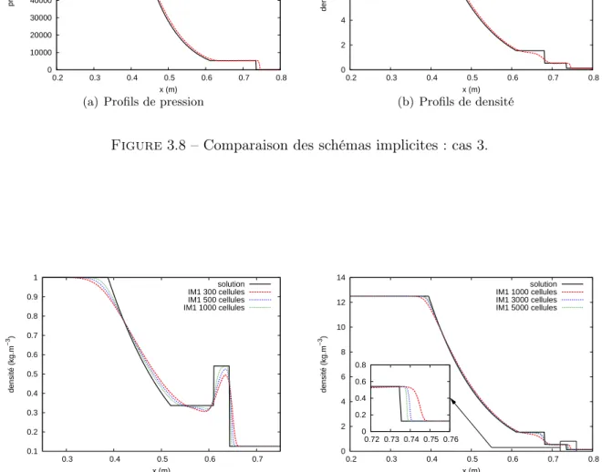Figure 3.9 – Comparaison des schémas implicites : convergence en maillage pour les profils de densité.