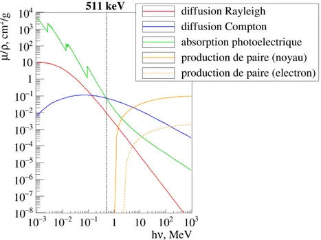 Figure 1.7 – Coefficient d’atténuation massique µ/ρ de différentes interactions des pho- pho-tons dans le TMBi en fonction de l’énergie hν du photon incident [1.4]