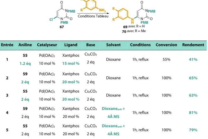 Tableau 7 : Optimisations de la réaction de N-arylation avec des anilines non-substituées