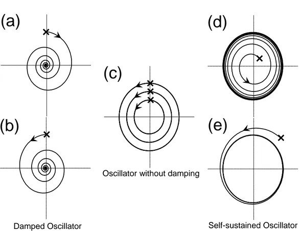 Fig. 2.4: (a) and (b) Phase portraits for damped oscillators. (c) Phase portrait of oscillators without damping as in Eq