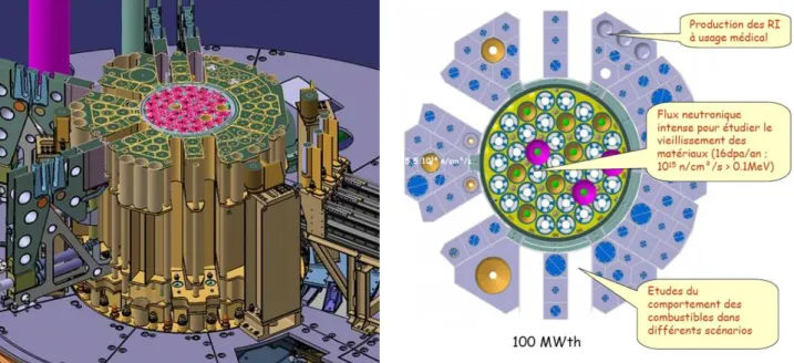 Figure 1  : Représentation isométrique et coupe du cœur et du réflecteur du RJH.