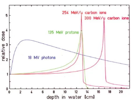 Figure 6: Courbes de rendement en profondeur: photons, protons et ions carbone  (Weber and Kraft, 2009) 