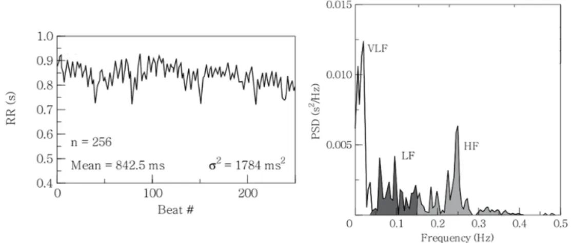 Figure 2.6  Tachogramme de 256 battements consécutifs chez un sujet au repos (gure de gauche), ainsi que le spectre d'HRV correspondant (gure de droite)