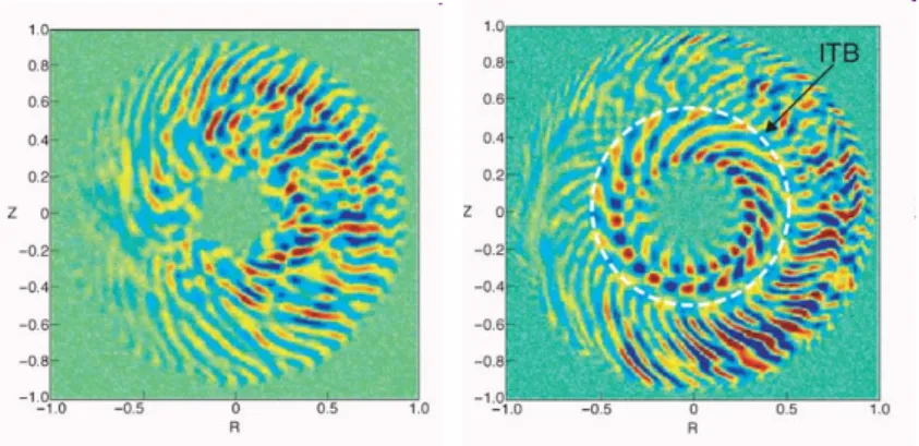 Figure 1.12: 2D map (r,θ) of electrostatic potential eddies obtained from numerical simulations .Left: