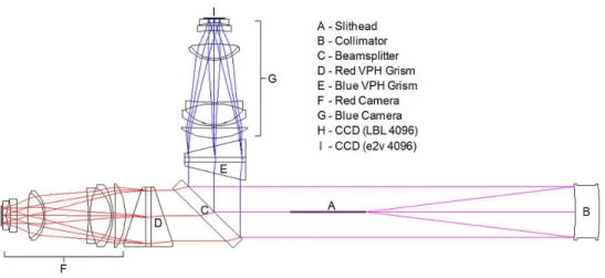 Figure 2.6 – Schéma des spectrographes de BOSS. La lumière arrive via les fibres optiques (A)