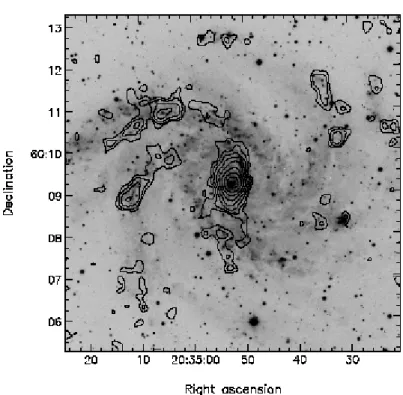 Fig. 1.7 – Galaxie spirale NGC 6946 vue en bande B avec superposition des contours ` a 850 µm obtenus avec SCUBA (d’apr` es [Alton 02]).