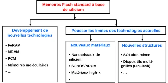 Fig. I-21 : Organisation des activités de recherche sur les mémoires Flash avancées. 