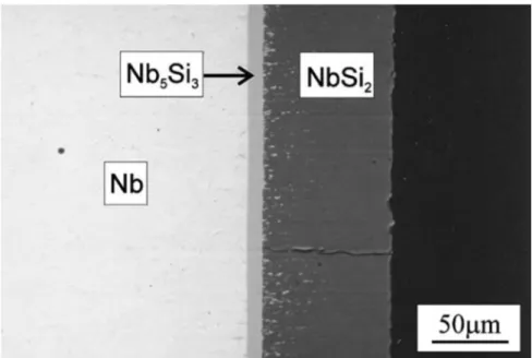 Figure 37 : Microstructure SEM-BS du couple de diffusion Nb-Si (T=1350°C ; t = 16 h) [156]