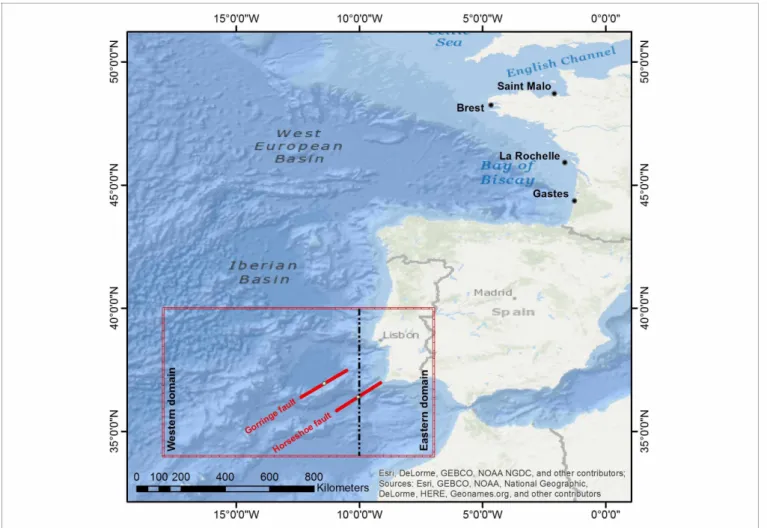 FIGURE 3 | Bathymetry covering the computational domain. Red cross hatching area shows location of tsunamigenic sources used for meta-models construction