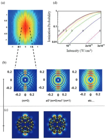 FIG. 2. (Color online) (a) TDSE calculation for I = 2 × 10 13 W/cm 2 of the momentum distribution; side lobes are observed that could correspond to the interference between electron wave packets emitted within a single quarter cycle of the light pulse