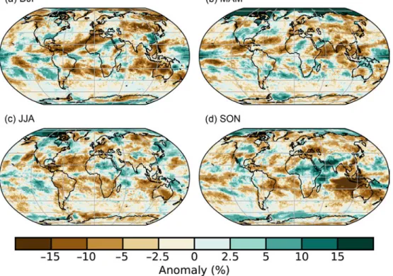 Fig. 2.25. Global seasonal cloudiness anomalies (% relative to 1981–2010) for 2019  from the 30-year PATMOS-x /AVHRR cloud climatology