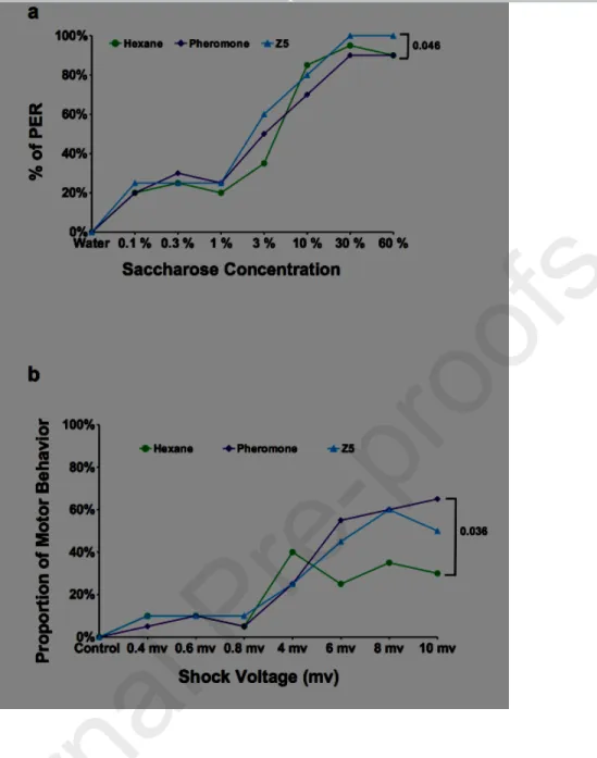Figure S2: Effect of pheromones on sucrose (a) and shock (b) Responsiveness. a-b) Proportion of  male moths showing a) PER to varying concentrations of sucrose, b) avoidance behaviour to varying  intensities of shock voltage after solvent (i.e