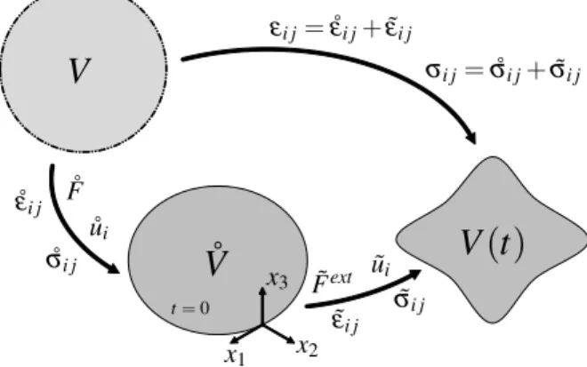 Fig. 2. The continuous volume V in a free state, is submitted to a pre- pre-load ˚ F, that generates strain ˚ ε and stress ˚σ into the body