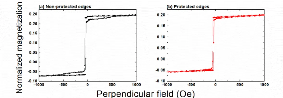 Figure I-14: Magnetic loops measured by VSM with perpendicular applied field on standard magnetic  tunnel junctions with (a) non-protected or (b) protected edges