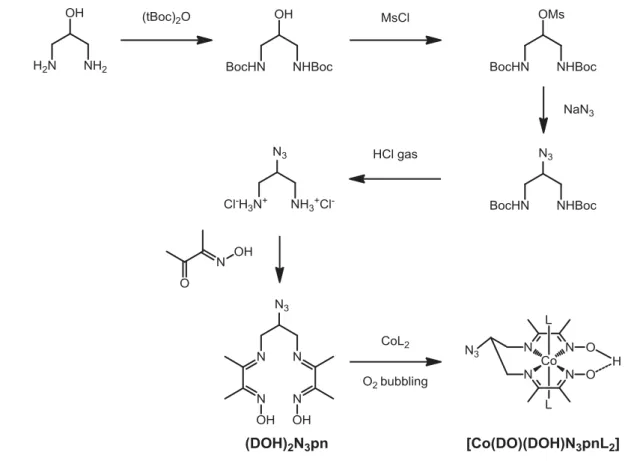 Figure I.12. Synthesis scheme of the (DOH) 2 N 3 pn ligand and of the [Co(DO)(DOH)N 3 pnL 2 ] complex  (L = Cl – , Br – )