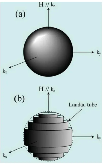 Figure 2.11: Fermi surface for a free electron gas: (a) no magnetic field, (b) under magnetic field showing the appearence of the Landau tubes.